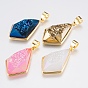 Electroplated Natural Druzy Quartz Crystal Pendants, with Brass Findings, Kite, Faceted, Golden