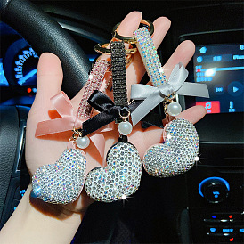 Sparkling Heart-shaped Rhinestone Keychain with Creative Bowknot Design