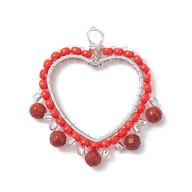 Wire Wrapped Natural Red Jasper & Glass Bead Pendants, 304 Stainless Steel Heart Charm