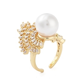 Rack Plating Brass Micro Pave Cubic Zirconia Open Cuff Rings, with Plastic Imitation Pearl, Cadmium Free & Lead Free, Long-Lasting Plated, Crown