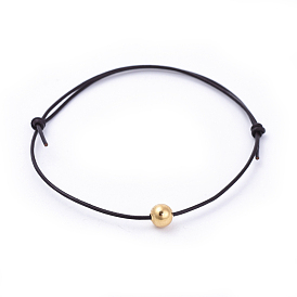 Adjustable Cowhide Leather Cord Bracelets, with Brass  Beads, Round