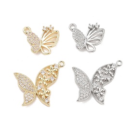 Brass Pave Clear Cubic Zirconia Pendants, Butterfly with Flower