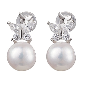 Natural Pearl Ear Studs, with Sterling Silver Micro Pave Cubic Zirconia Findings, Butterfly & Round