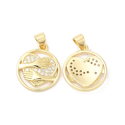 Brass Micro Pave Clear Cubic Zirconia Pendants, Cadmium Free & Lead Free, Flat Round with Heart Charms