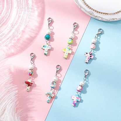 Подвески в форме креста из синтетической бирюзы, с 304 карабинами из нержавеющей стали и бусинами из ракушечного жемчуга