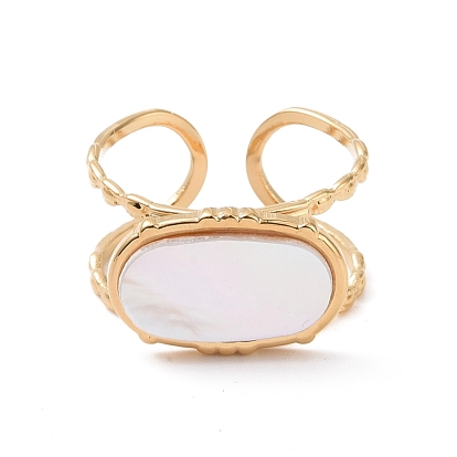 Natural White Shell Oval Open Cuff Ring, Real 24K Gold Plated 304 Stainless Steel Jewelry for Women