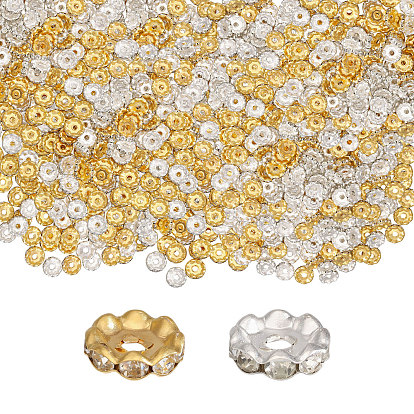 200шт 2 цвета сплава разделительные бусины, со стразами, плоско-круглые, волнистый край