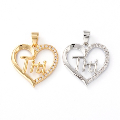 Brass Micro Pave Clear Cubic Zirconia Pendants, Long-Lasting Plated, Heart with Word Titi
