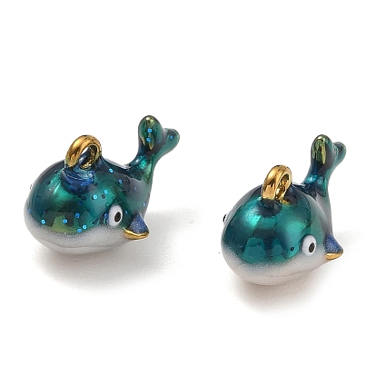 316 Stainless Steel & Enamel Charms, Whale Charms, Ion Plating(IP), Real 18K Gold Plated