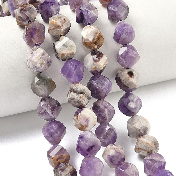 Нити из натуральных шевронных аметистовых бусин, граненые, твист