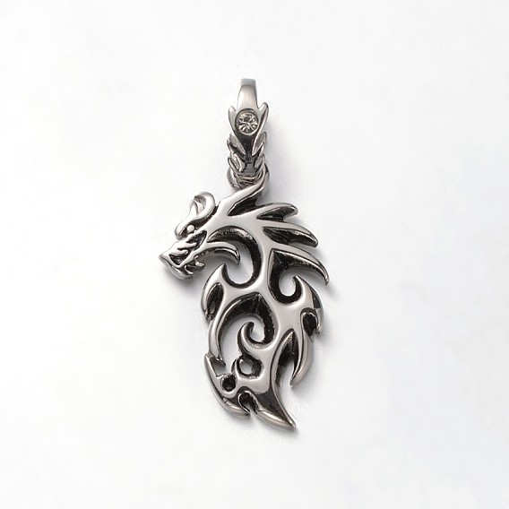 Модный винтаж 304 кулоны из нержавеющей стали со стразами, дракон, 41x23x3.5 мм, отверстие : 12x7 мм