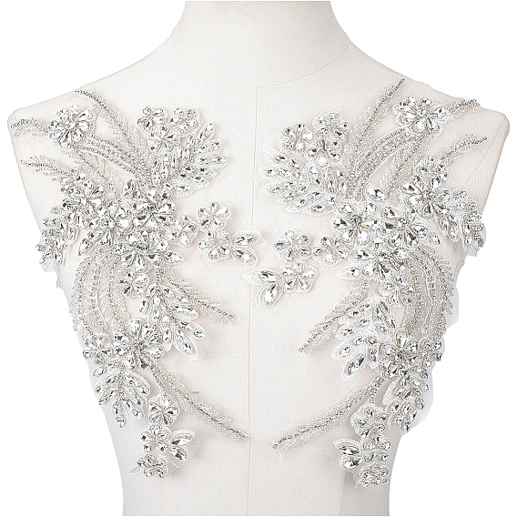 1пара цветочных стеклянных стразов и полиэстера со стеклянными бусинами, пришитыми с рельефным орнаментом, украшение для шитья своими руками