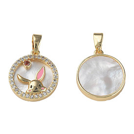 Brass Micro Pave Cubic Zirconia Pendants, with Enamel and Natural Shell, Nickel Free, Real 18K Gold Plated, Flat Round with Rabbit