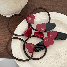 Chic Burgundy Heart Hair Clip and Ponytail Holder Set for Women, Quality Plastic Texture Accessories