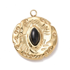 304 Stainless Steel Pendants, with Enamel, Golden, Textured, Flat Round with Eye