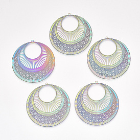 Ion Plating(IP) 304 Stainless Steel Filigree Pendants, Etched Metal Embellishments, Flat Round