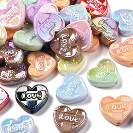 Непрозрачные акриловые бусины с УФ-покрытием, радужный, сердце со словом "love"