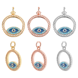 Nbeads 6Pcs 3 Colors  Brass Micro Pave Cubic Zirconia Pendants, with Enamel and Jump Ring, Ring with Evil Eye