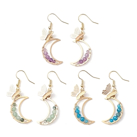 3 paires 3 styles papillon et lune 304 boucles d'oreilles pendantes en acier inoxydable, boucles d'oreilles pendantes en perles de pierre mélangées naturelles