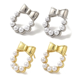 Rack Plating Brass Studs Earrings, with Plastic Beads, Long-Lasting Plated, Lead Free & Cadmium Free, Bowknot