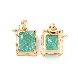 Brass Charms, with Crackle Glass, Rectangle with Star, Medium Aquamarine