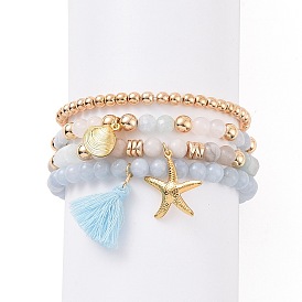 4Pcs 4 Style Natural & Synthetic Mixed Gemstone Beaded Stretch Bracelets Set, 304 Stainless Steel Shell & Starfish & Polycotton Tassel Charms Stackable Bracelets for Women