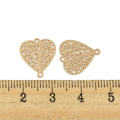 Rack Plating Brass Hollow Out Tree Connector Charms, Long-Lasting Plated, Heart Etched Metal Embellishments