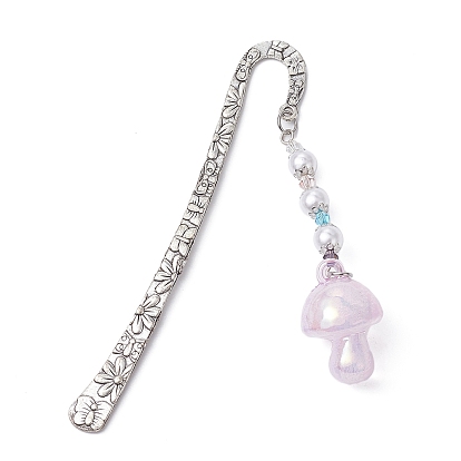 Mushroom AB Color Transparent Acrylic Bookmarks, with Glass Beads, Flower Pattern Tibetan Style Alloy Hook Bookmark