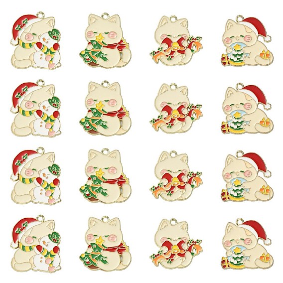 20 шт 4 стили подвески из сплава эмали, Новогодняя тема, кошачье очарование, золотой свет