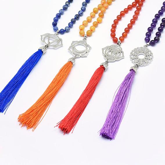 Alloy Pendant Necklaces, with Natural Gemstone Beads and Nolyn Tassels