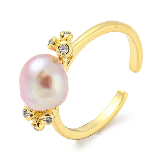 Natural Pearl Open Cuff Ring, Brass Finger Ring with Cubic Zirconia