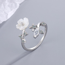 Sweet Shell Flower Inlaid Zircon Leaf Flower Open Ring - Elegant Hand Jewelry.