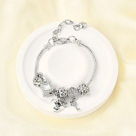 Сплав европейские бусины браслеты с подвесками, браслеты из змеиной цепи для женщин, сердце, ключ и бант, со стразами, без свинца и без кадмия