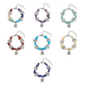 7Pcs 7 Style Alloy Butterfly Charm Bracelets Set, Natural Mixed Gemstone Chips Beaded Stackable Bracelets for Women