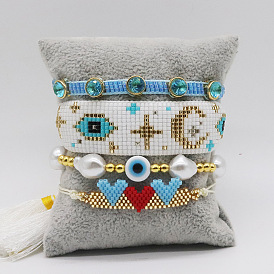 Bohemian Ethnic Style Miyuki Beaded Bracelet Set with Moon, Pearl, Eye and Heart Charms