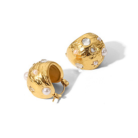 Fashionable 18K Gold Spherical Stainless Steel Earrings with Pearl Stud Earrings Niche Design Versatile Earrings for Women