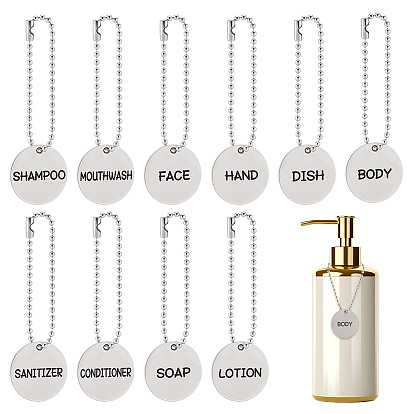 10 pièces 10 styles 304 étiquettes à savon en acier inoxydable avec chaîne, Étiquettes recto pour distributeurs de savon de salle de bain, plat rond
