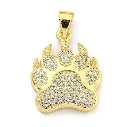 Brass Micro Pave Clear Cubic Zirconia Pendants, Cadmium Free & Nickel Free & Lead Free, Bear Paw Shape