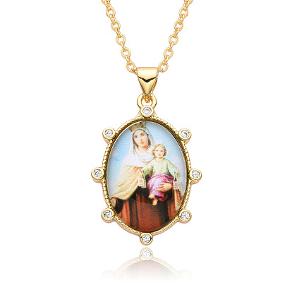 Religion Theme Resin Oval with Rhinestone Pendant Necklace, Golden Brass Necklace