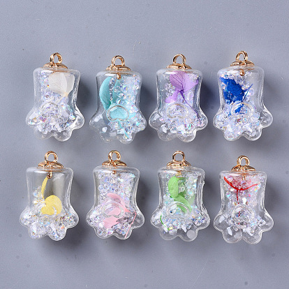 Bear Paw Transparent Glass Pendants, with Dried Flower & Resin Rhinestones inside, Plastic CCB Cup Pearl Peg Bails Pin Pendants Bails, Golden