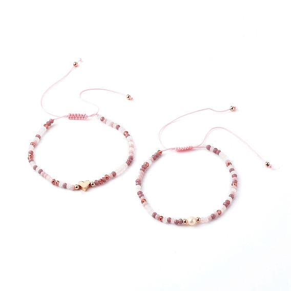 Adjustable Natural Pearl Beads Nylon Thread Braided Bead Bracelets Set, with Faceted Glass Beads, Brass Beads, Heart