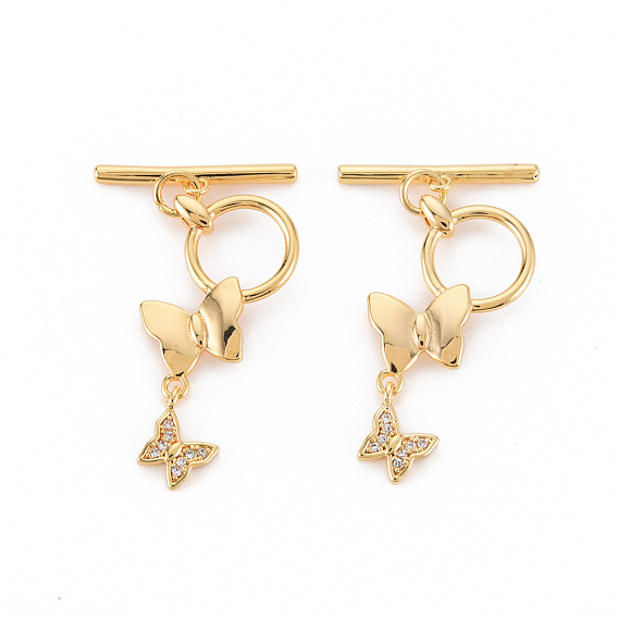 Brass Micro Pave Clear Cubic Zirconia Toggle Clasps, Nickel Free, Butterfly & Bar