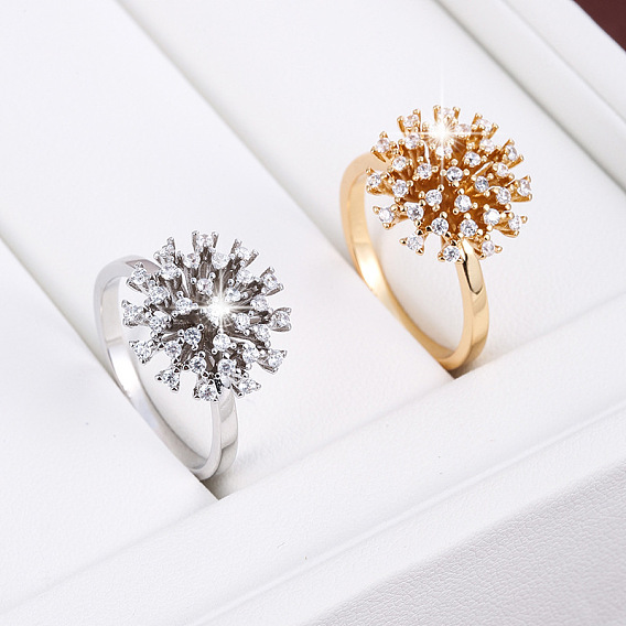 Brass Micro Pave Cubic Zirconia Finger Rings for Women, Flower