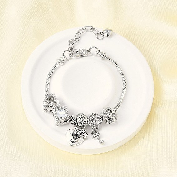 Сплав европейские бусины браслеты с подвесками, браслеты из змеиной цепи для женщин, сердце, ключ и бант, со стразами, без свинца и без кадмия