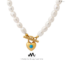 High-quality freshwater pearl heart-shaped inlaid blue turquoise OT buckle pendant necklace jewelry