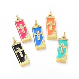 Brass Micro Pave Cubic Zirconia Enamel Pendants, Rectangle with Religion Cross Pattern Charm, Golden