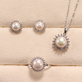 Ожерелье с подвеской из цветочной латуни с микропаве из прозрачных кубических цирконий и натуральным пресноводным жемчугом, серьги-гвоздики и кольцо на палец, с 925 стерлинговым серебром