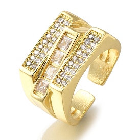 Rack Plating Rectangle Brass Clear Cubic Zirconia Open Cuff Rings, Cadmium Free & Lead Free, Long-Lasting Plated, for Women