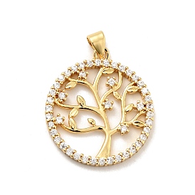 Rack Plating Brass Micro Pave Clear Cubic Zirconia Pendants, Long-Lasting Plated, Lead Free & Cadmium Free, Round Ring with Tree of Life