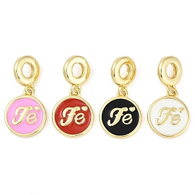 Rack Plating Brass Enamel European Dangle Charms, Fe Flat Round Large Hole Pendants, Real 18K Gold Plated, Long-Lasting Plated, Cadmium Free & Lead Free